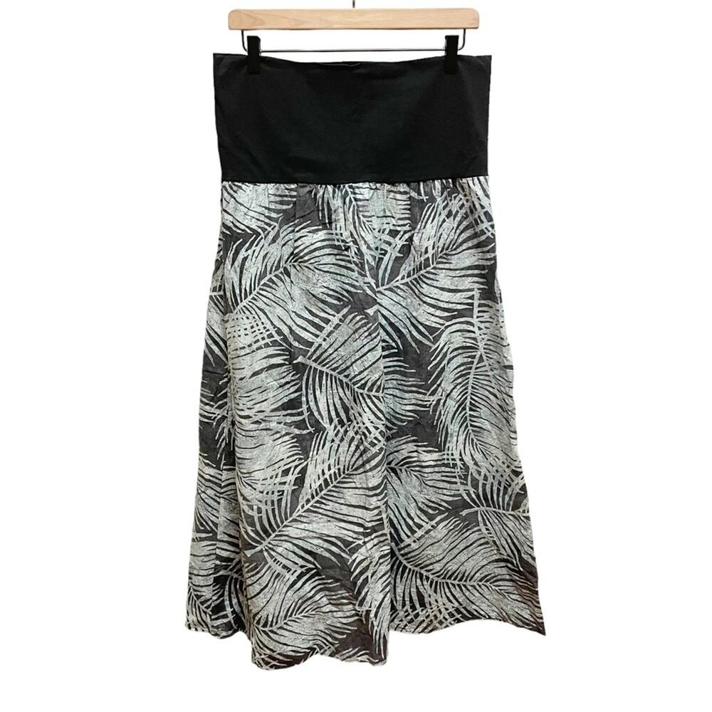 RIX Hawaii Tube Maxi Dress in a Gray and Turquoise Palm Print Linen Blend Large